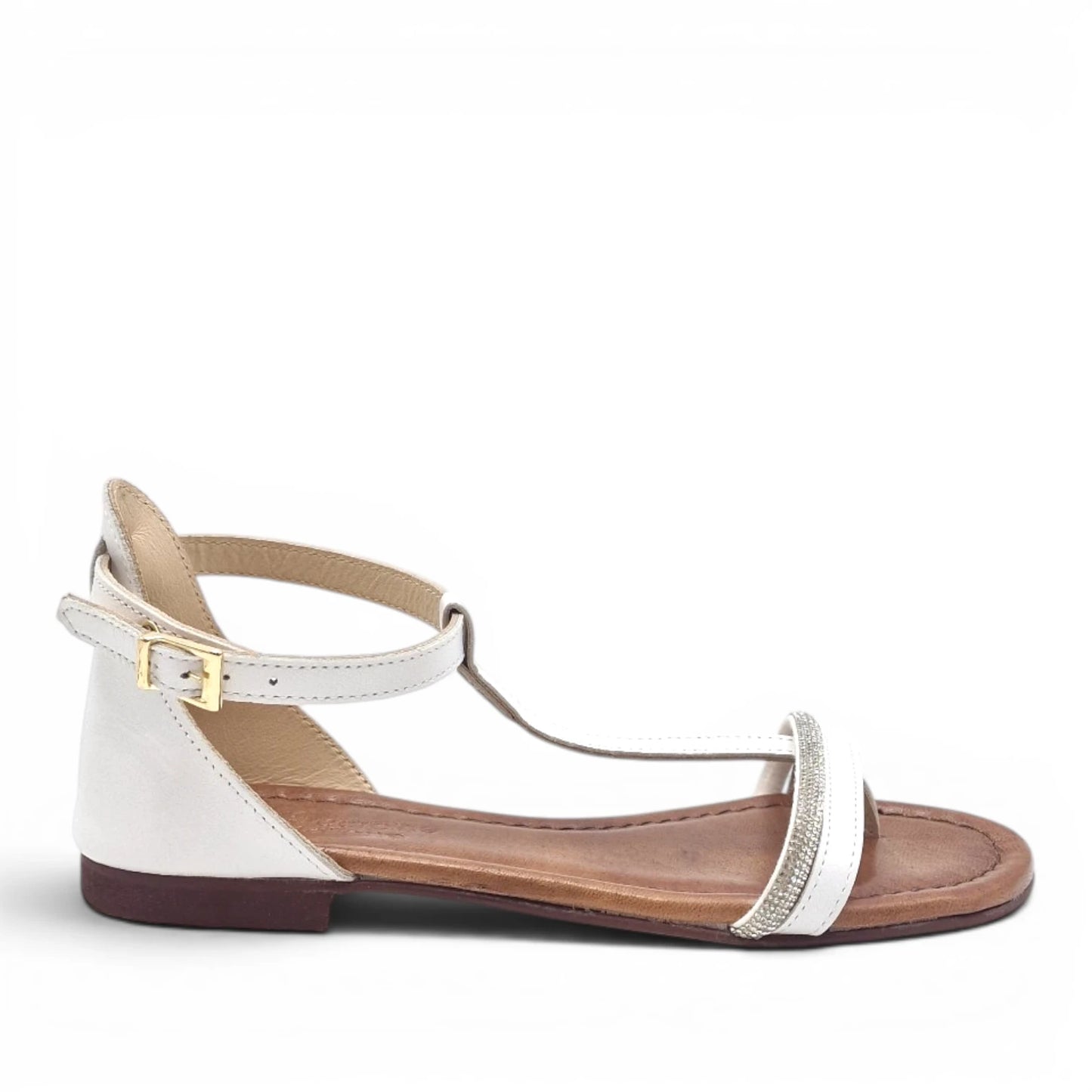 Sandalo Donna Scarpine Italiane infradito in Pelle Bianco e Strass con Sottopiede Imbottito