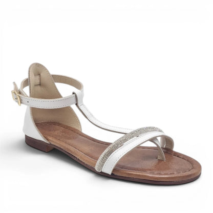 Sandalo Donna Scarpine Italiane infradito in Pelle Bianco e Strass con Sottopiede Imbottito