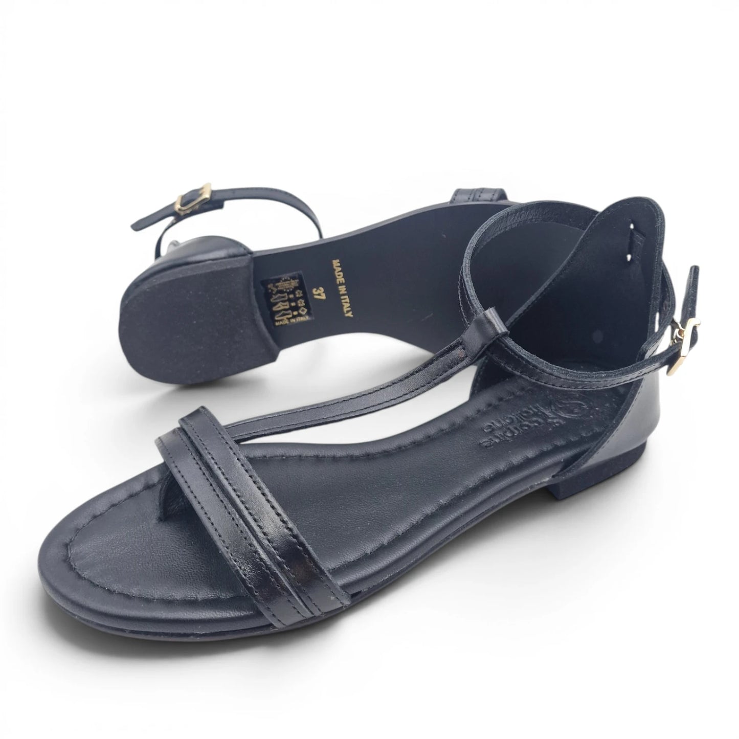 Sandalo Donna Scarpine Italiane infradito in Pelle Nero con Sottopiede Imbottito
