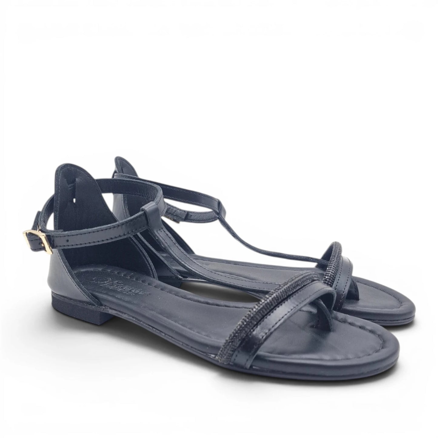 Sandalo Donna Scarpine Italiane infradito in Pelle Nero e Strass con Sottopiede Imbottito