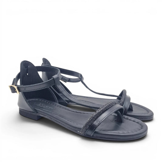 Sandalo Donna Scarpine Italiane infradito in Pelle Nero e Strass con Sottopiede Imbottito