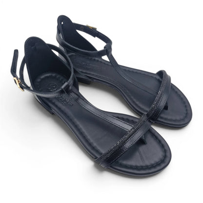 Sandalo Donna Scarpine Italiane infradito in Pelle Nero e Strass con Sottopiede Imbottito