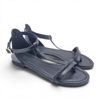 Sandalo Donna Scarpine Italiane infradito in Pelle Nero e Strass con Sottopiede Imbottito