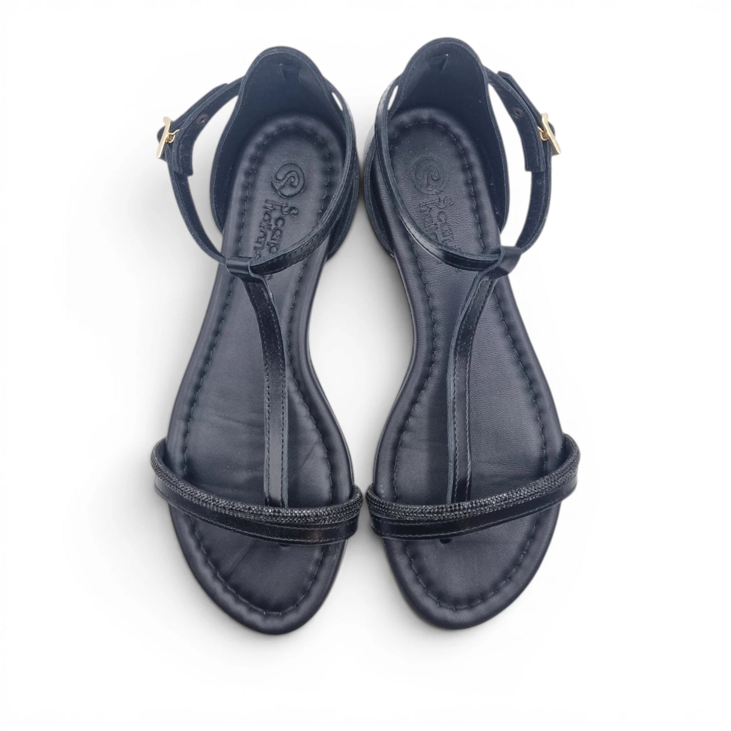 Sandalo Donna Scarpine Italiane infradito in Pelle Nero e Strass con Sottopiede Imbottito