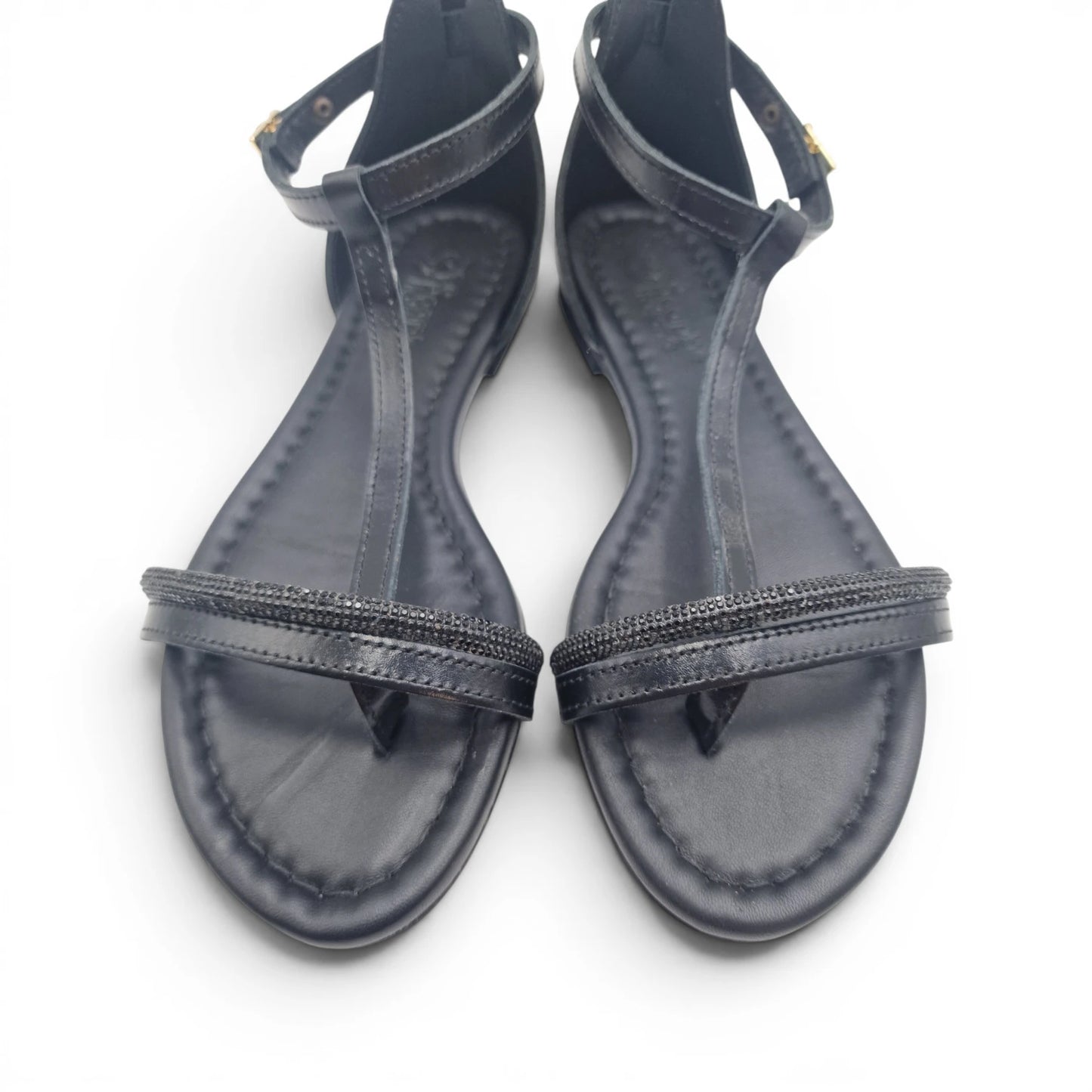 Sandalo Donna Scarpine Italiane infradito in Pelle Nero e Strass con Sottopiede Imbottito