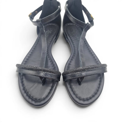 Sandalo Donna Scarpine Italiane infradito in Pelle Nero e Strass con Sottopiede Imbottito