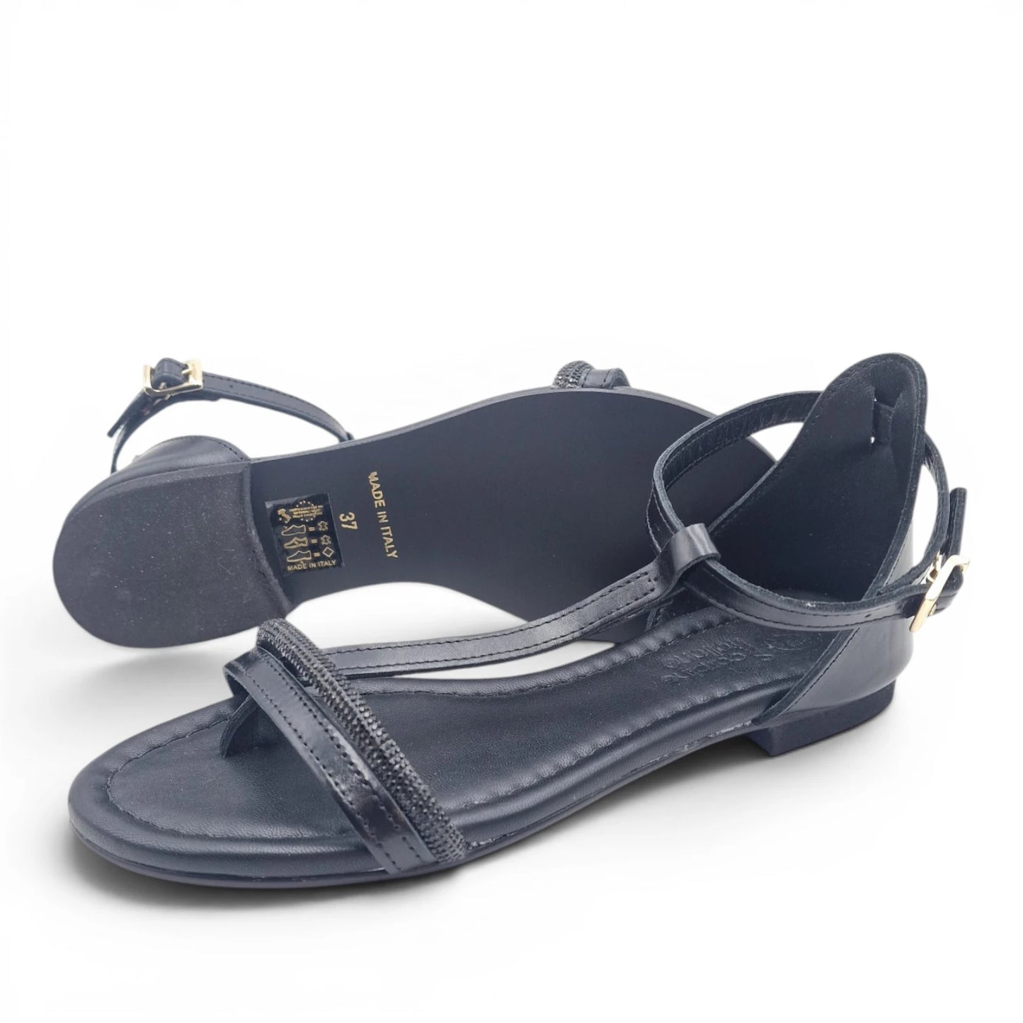 Sandalo Donna Scarpine Italiane infradito in Pelle Nero e Strass con Sottopiede Imbottito