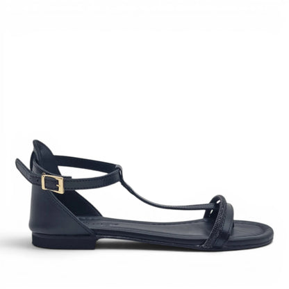 Sandalo Donna Scarpine Italiane infradito in Pelle Nero e Strass con Sottopiede Imbottito