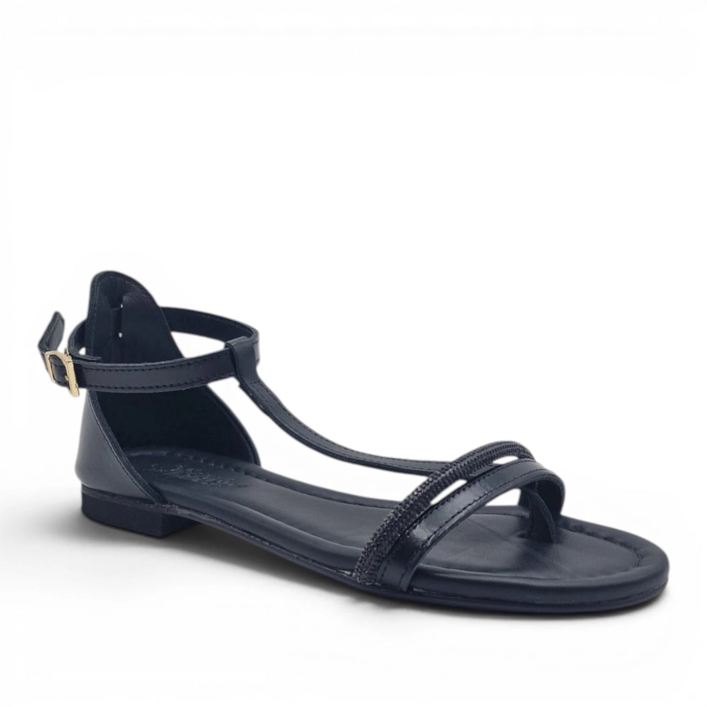 Sandalo Donna Scarpine Italiane infradito in Pelle Nero e Strass con Sottopiede Imbottito