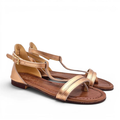 Sandalo Donna Scarpine Italiane infradito in Pelle Laminata Rame con Sottopiede Imbottito