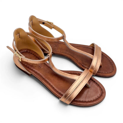 Sandalo Donna Scarpine Italiane infradito in Pelle Laminata Rame con Sottopiede Imbottito