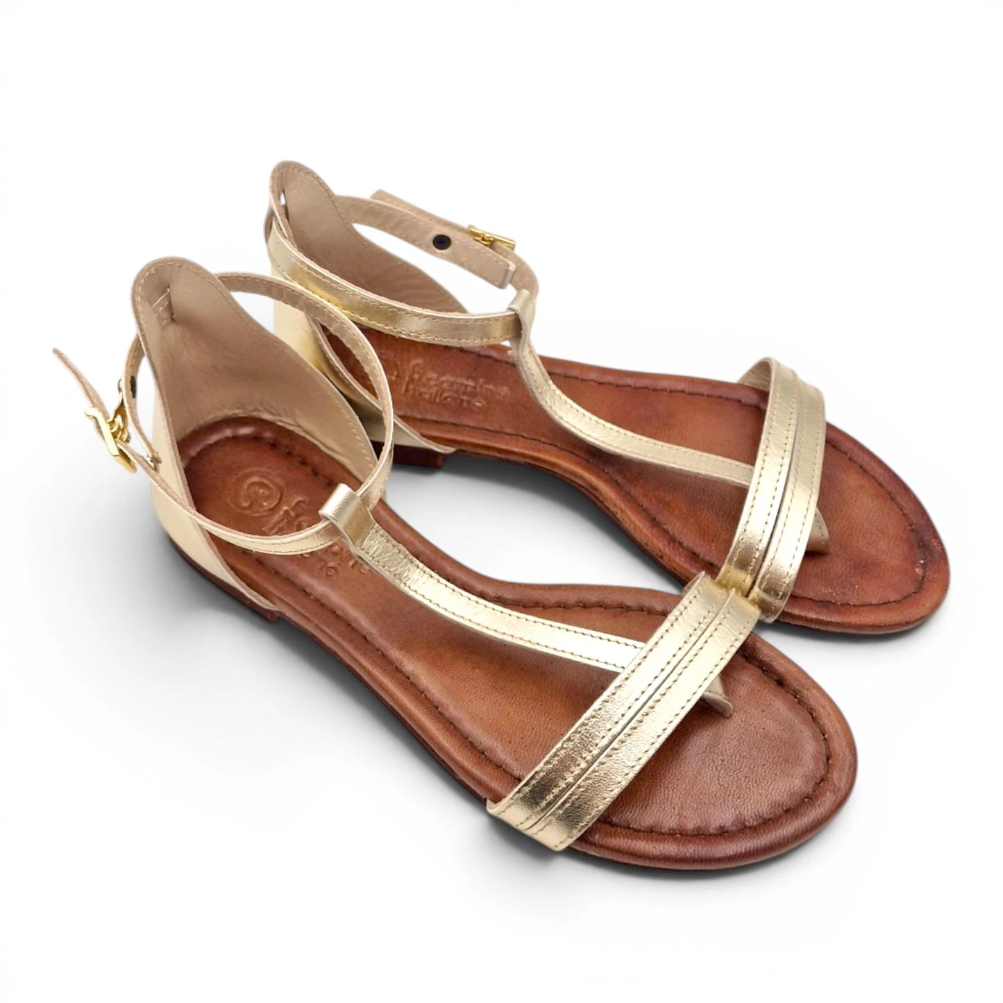 Sandalo Donna Scarpine Italiane infradito in Pelle Laminata Platino con Sottopiede Imbottito