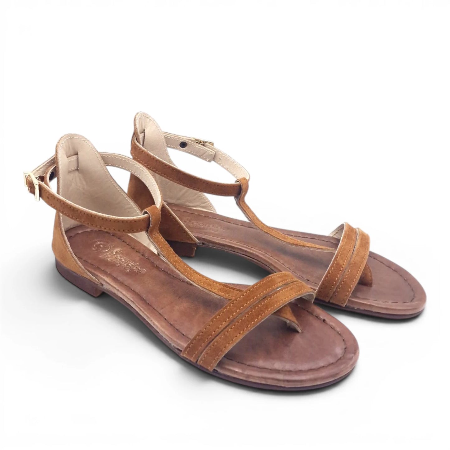 Sandalo Donna Scarpine Italiane infradito in Pelle Scamosciata Cuoio con Sottopiede Imbottito