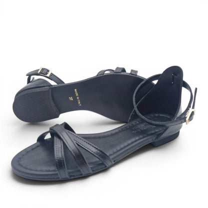 Sandalo Donna Scarpine Italiane Ragnetto in Pelle Nero con Sottopiede Imbottito