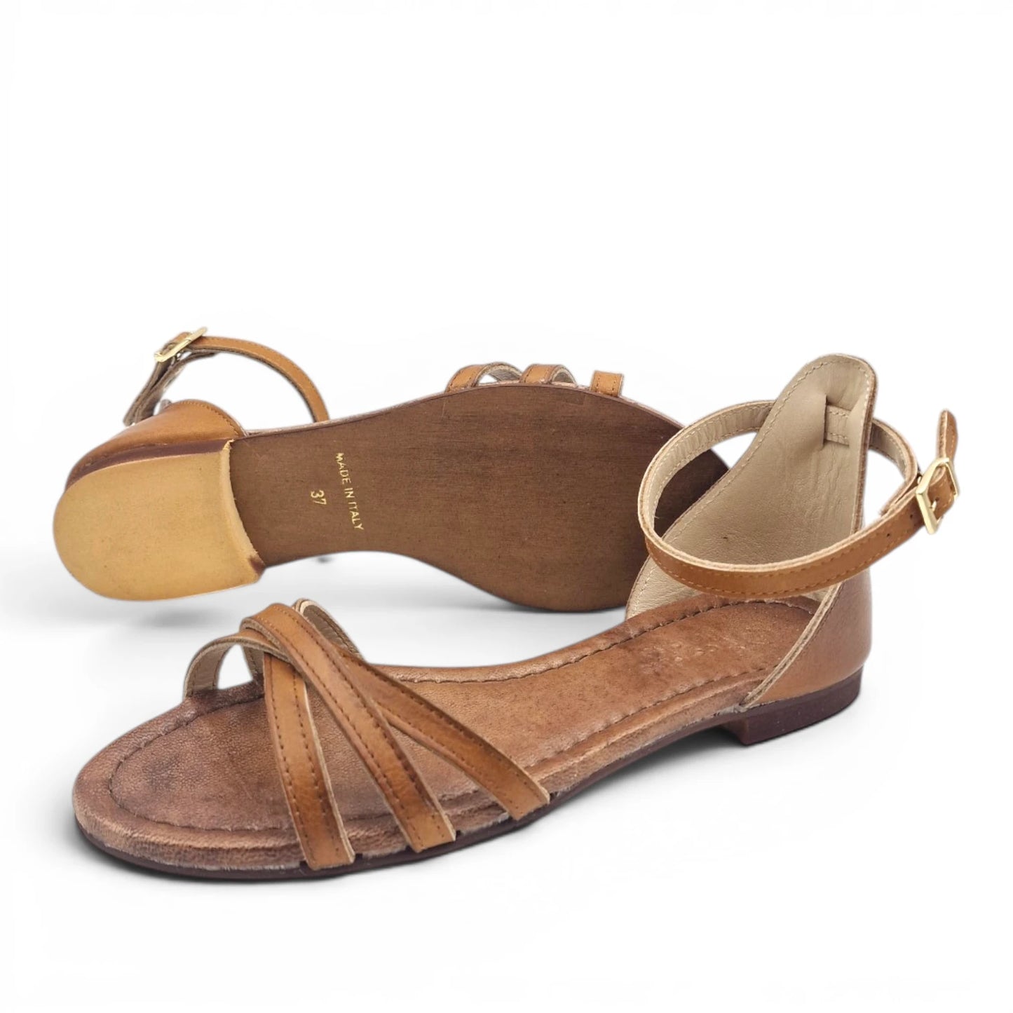 Sandalo Donna Scarpine Italiane Ragnetto in Pelle Cuoio con Sottopiede Imbottito
