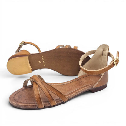 Sandalo Donna Scarpine Italiane Ragnetto in Pelle Cuoio con Sottopiede Imbottito