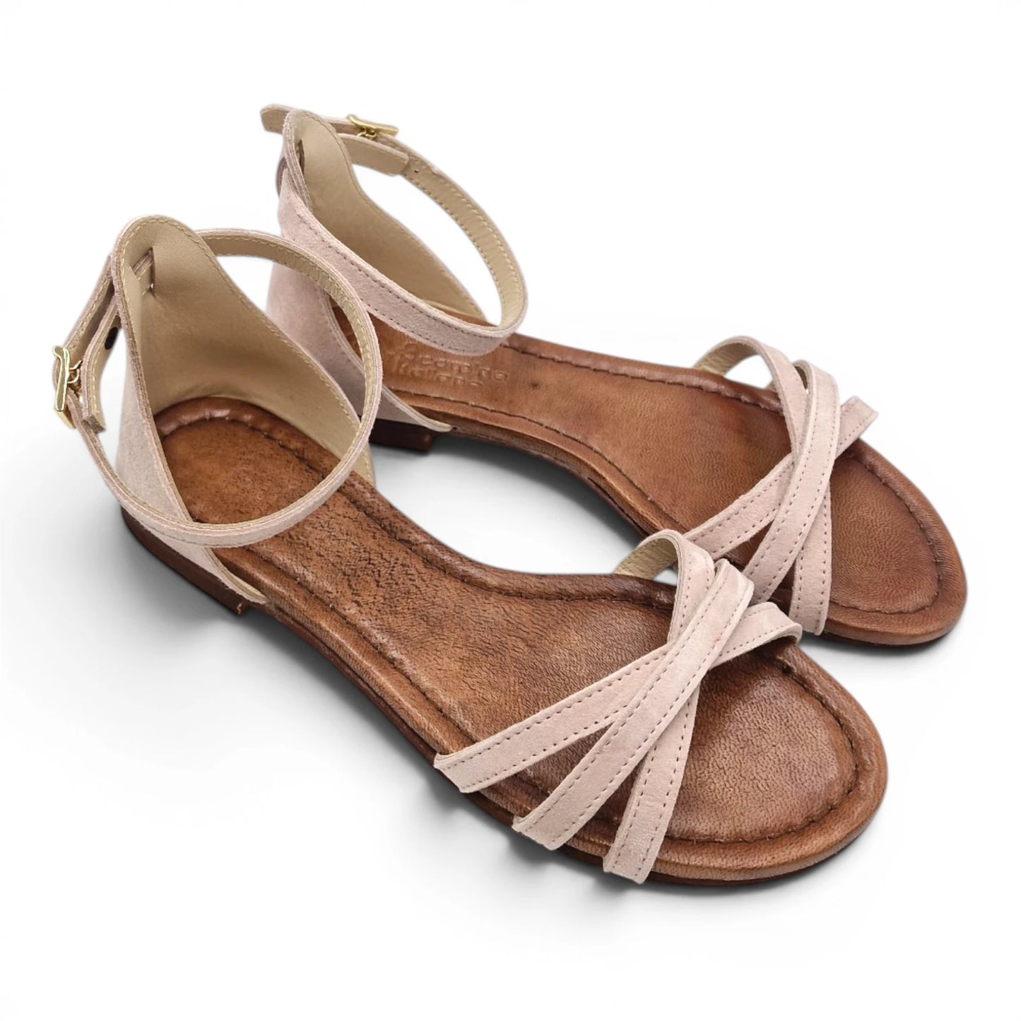 Sandalo Donna Scarpine Italiane Ragnetto in Pelle Scamosciata Cipria con Sottopiede Imbottito