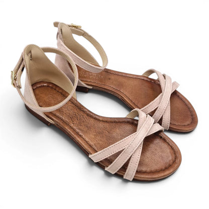 Sandalo Donna Scarpine Italiane Ragnetto in Pelle Scamosciata Cipria con Sottopiede Imbottito