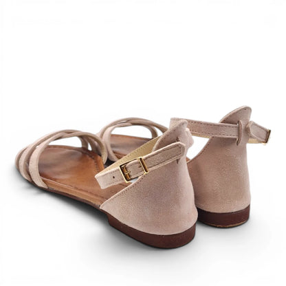 Sandalo Donna Scarpine Italiane Ragnetto in Pelle Scamosciata Cipria con Sottopiede Imbottito