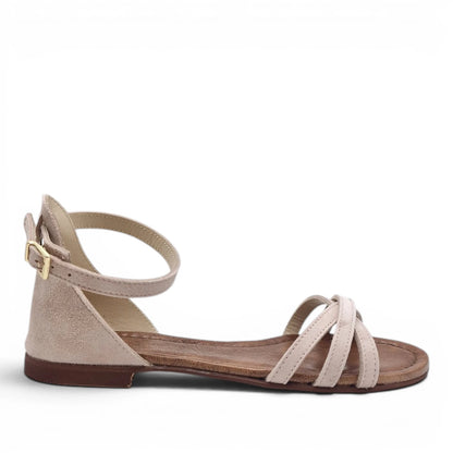 Sandalo Donna Scarpine Italiane Ragnetto in Pelle Scamosciata Cipria con Sottopiede Imbottito