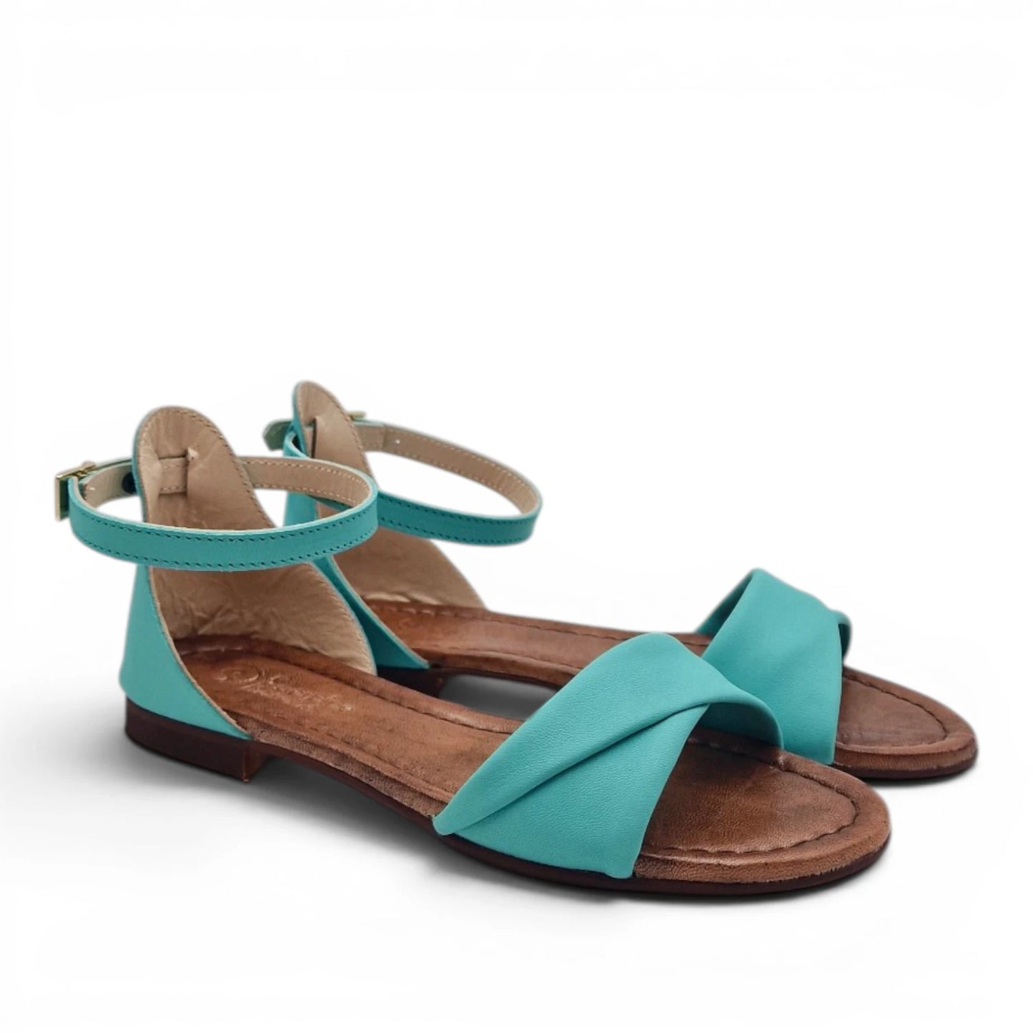 Sandalo Donna Scarpine Italiane Risvolto in Pelle Acqua Marina con Sottopiede Imbottito