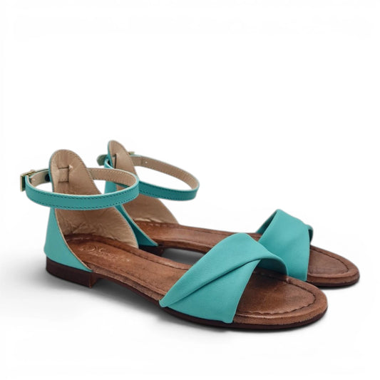 Sandalo Donna Scarpine Italiane Risvolto in Pelle Acqua Marina con Sottopiede Imbottito