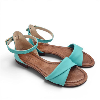 Sandalo Donna Scarpine Italiane Risvolto in Pelle Acqua Marina con Sottopiede Imbottito