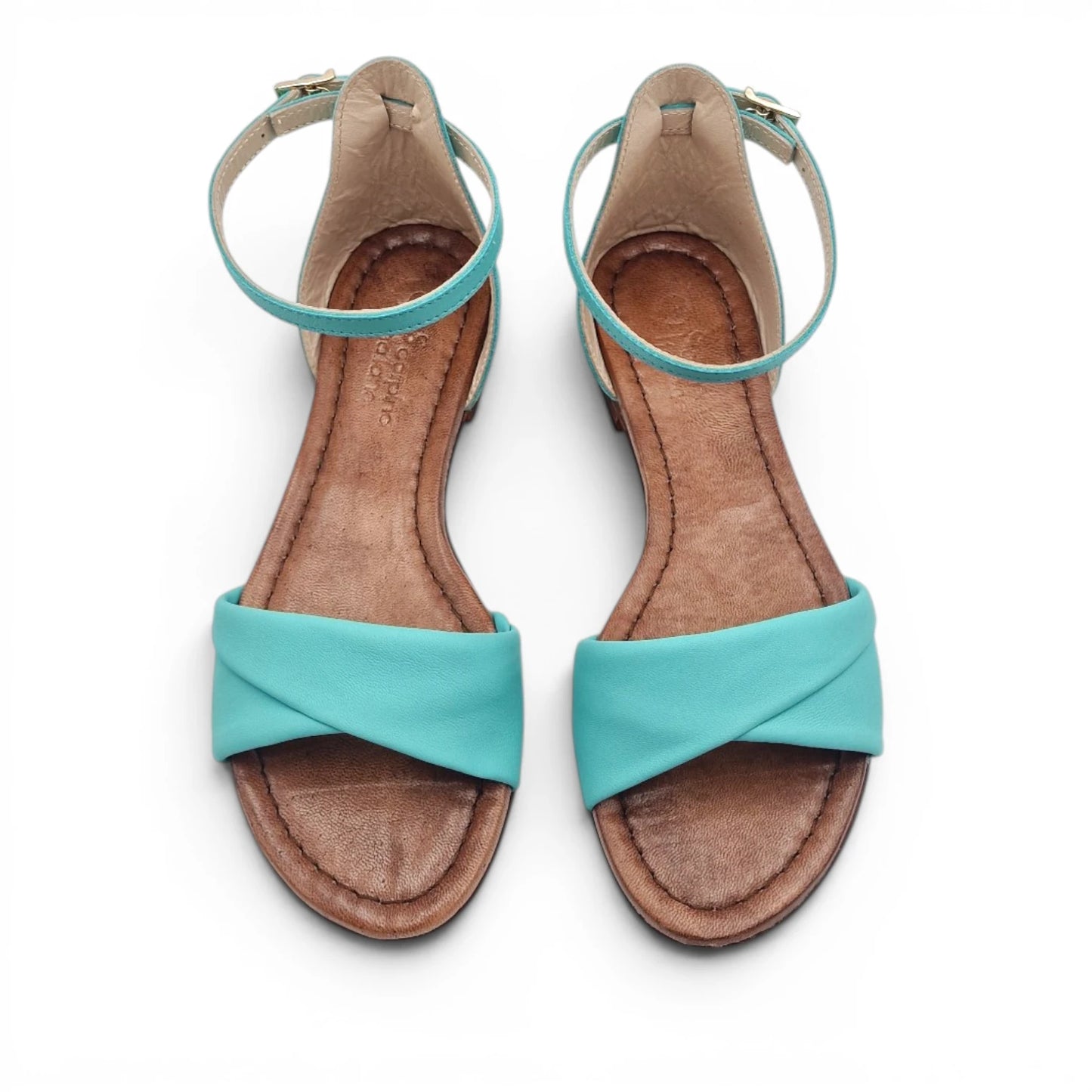 Sandalo Donna Scarpine Italiane Risvolto in Pelle Acqua Marina con Sottopiede Imbottito
