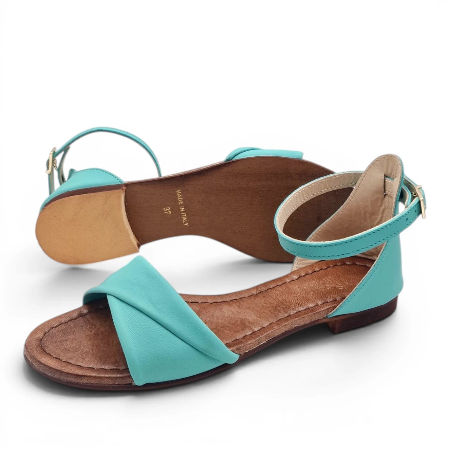 Sandalo Donna Scarpine Italiane Risvolto in Pelle Acqua Marina con Sottopiede Imbottito