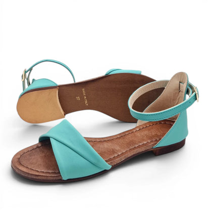 Sandalo Donna Scarpine Italiane Risvolto in Pelle Acqua Marina con Sottopiede Imbottito