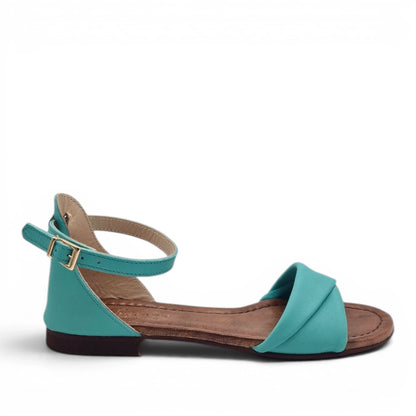 Sandalo Donna Scarpine Italiane Risvolto in Pelle Acqua Marina con Sottopiede Imbottito
