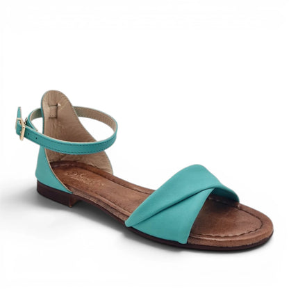 Sandalo Donna Scarpine Italiane Risvolto in Pelle Acqua Marina con Sottopiede Imbottito