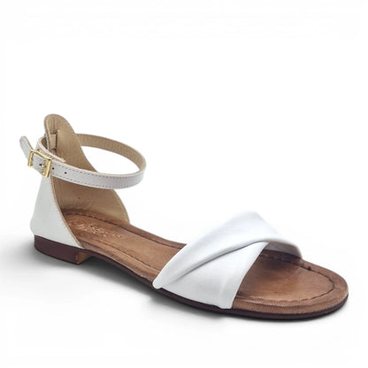 Sandalo Donna Scarpine Italiane Risvolto in Pelle Bianco con Sottopiede Imbottito