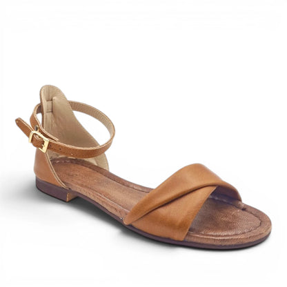 Sandalo Donna Scarpine Italiane Risvolto in Pelle Cuoio con Sottopiede Imbottito