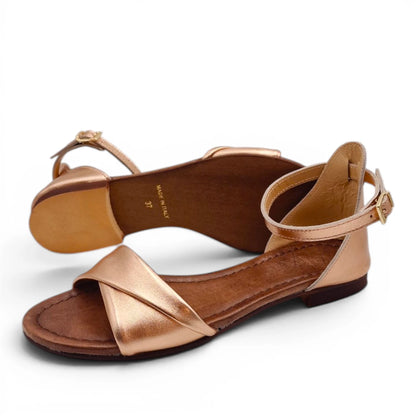 Sandalo Donna Scarpine Italiane Risvolto in Pelle Rame con Sottopiede Imbottito