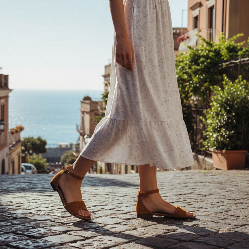 Sandalo Donna Scarpine Italiane Risvolto in Pelle Scamosciata Cuoio con Sottopiede Imbottito