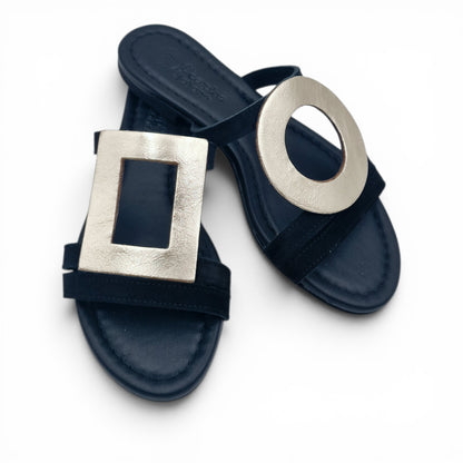 Sandalo Donna Scalzato Scarpine Italiane Greece in Pelle Nero riporti Platino con Sottopiede Imbottito