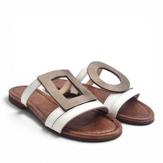 Sandalo Donna Scalzato Scarpine Italiane Greece in Pelle Bianco riporti Bronzo con Sottopiede Imbottito