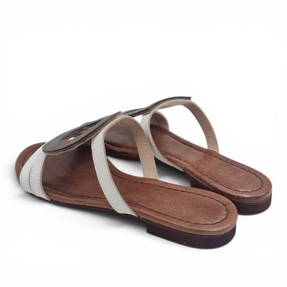 Sandalo Donna Scalzato Scarpine Italiane Greece in Pelle Bianco riporti Bronzo con Sottopiede Imbottito