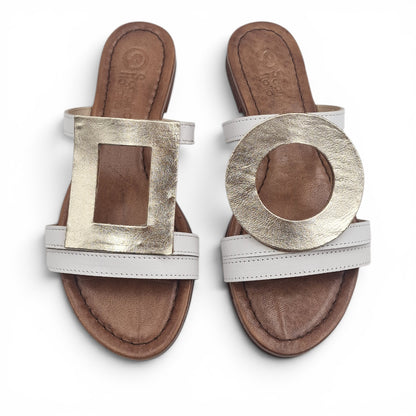 Sandalo Donna Scalzato Scarpine Italiane Greece in Pelle Bianco riporti Platino con Sottopiede Imbottito