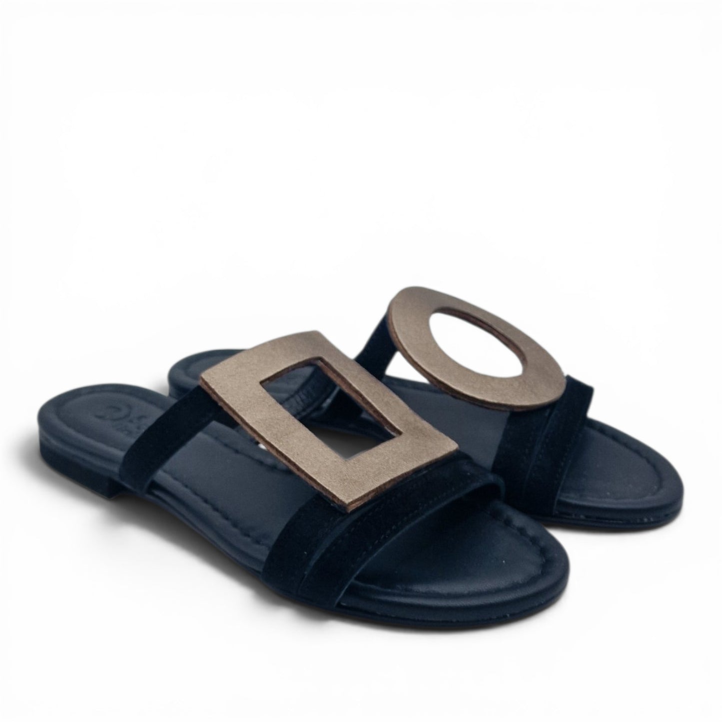 Sandalo Donna Scalzato Scarpine Italiane Greece in Pelle Nero riporti Bronzo con Sottopiede Imbottito
