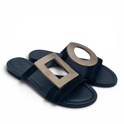 Sandalo Donna Scalzato Scarpine Italiane Greece in Pelle Nero riporti Bronzo con Sottopiede Imbottito