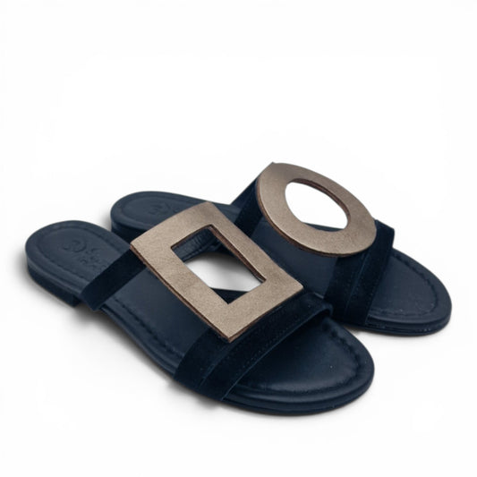 Sandalo Donna Scalzato Scarpine Italiane Greece in Pelle Nero riporti Bronzo con Sottopiede Imbottito