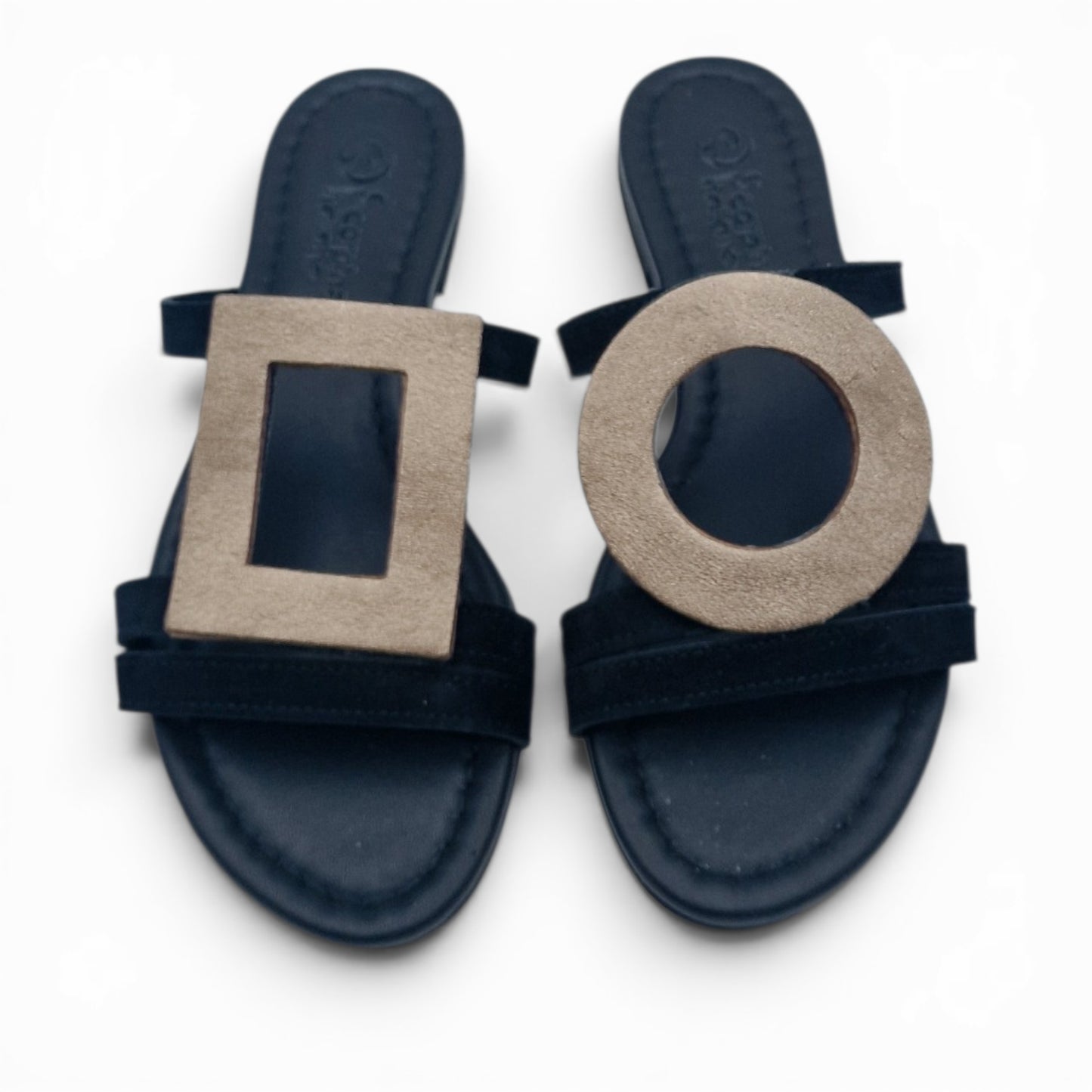 Sandalo Donna Scalzato Scarpine Italiane Greece in Pelle Nero riporti Bronzo con Sottopiede Imbottito