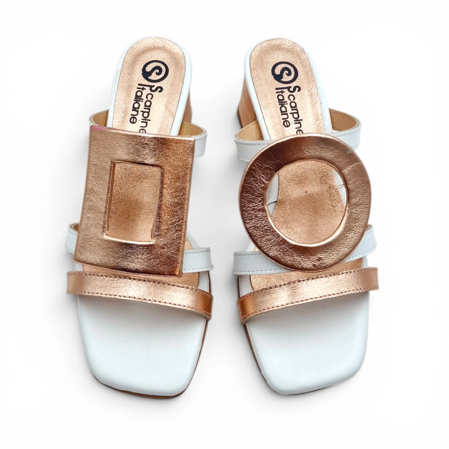 Sandalo Donna Scalzato Scarpine Italiane Greece con Tacco in Pelle Bianco riporti Rame con Sottopiede Imbottito