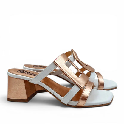Sandalo Donna Scalzato Scarpine Italiane Greece con Tacco in Pelle Bianco riporti Rame con Sottopiede Imbottito