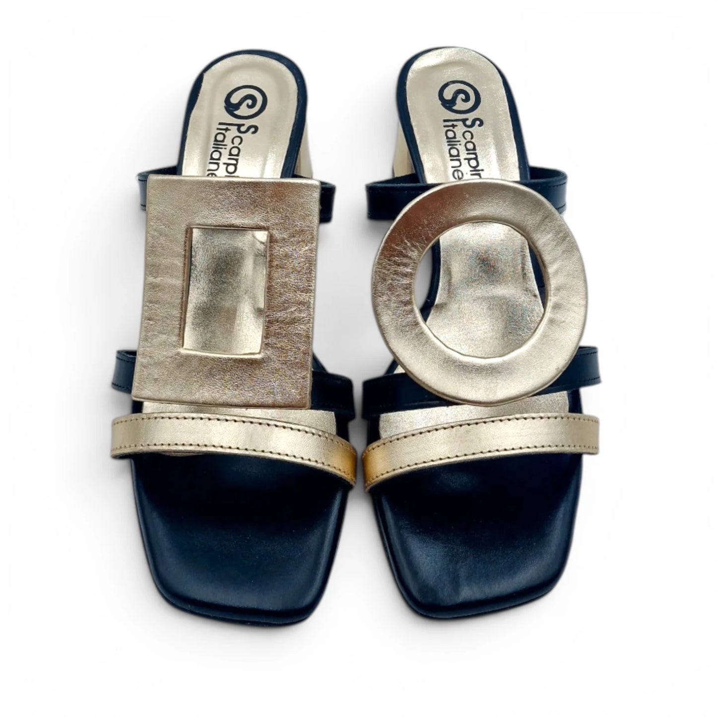 Sandalo Donna Scalzato Scarpine Italiane Greece con Tacco in Pelle Nero riporti Platino con Sottopiede Imbottito