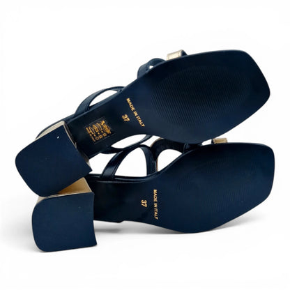 Sandalo Donna Scalzato Scarpine Italiane Greece con Tacco in Pelle Nero riporti Platino con Sottopiede Imbottito