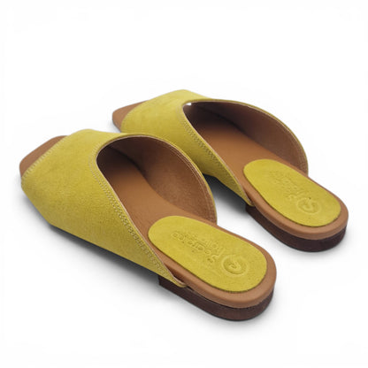 Sandalo Donna Scalzato Scarpine Italiane Summer in Pelle Scamosciata Giallo con Sottopiede Imbottito