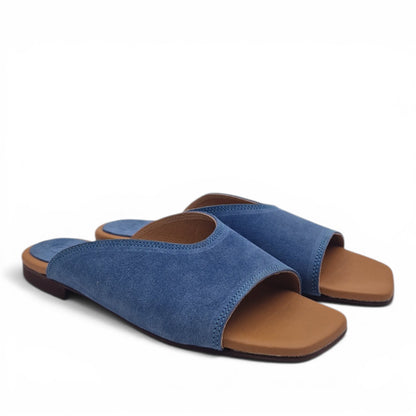 Sandalo Donna Scalzato Scarpine Italiane Summer in Pelle Scamosciata Jeans con Sottopiede Imbottito